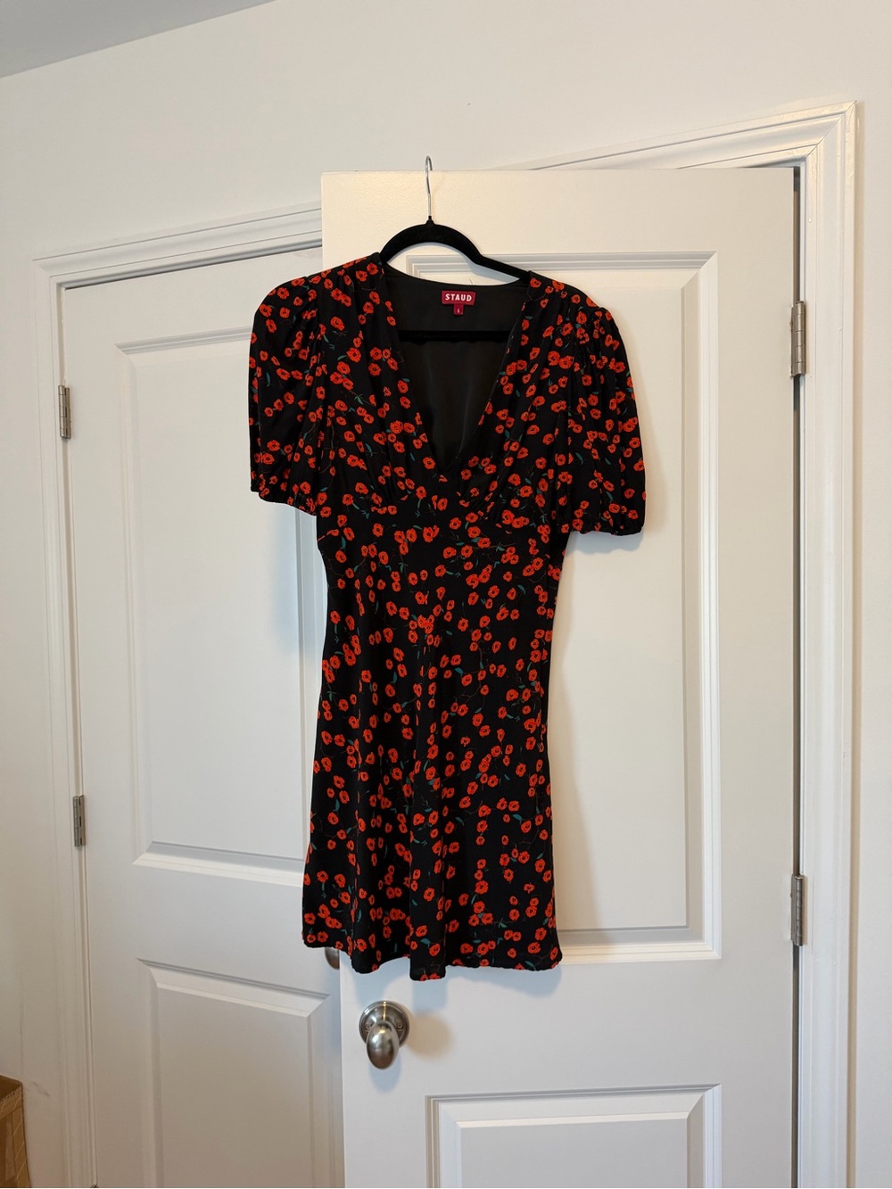 STAUD Black Mini Dress with Red Floral Print